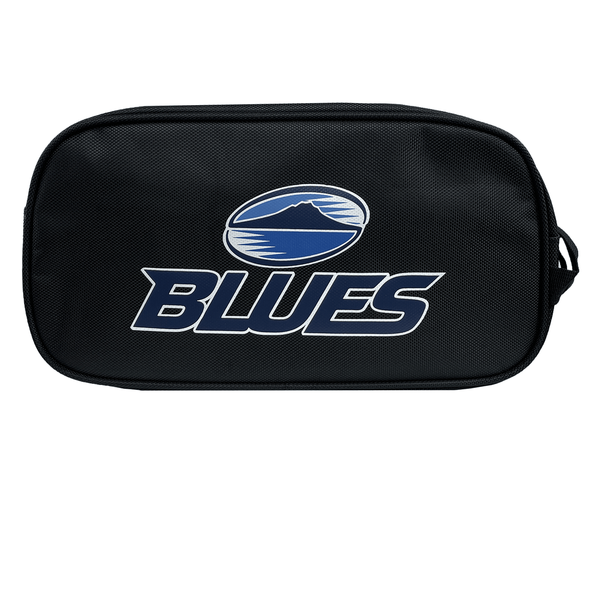 The Blues Super Rugby Zipper Boot Bag by DryWorld proudly showcases the DryWorld logo alongside the Blues Super Rugby emblem, featuring a stylized mountain and wave graphic.