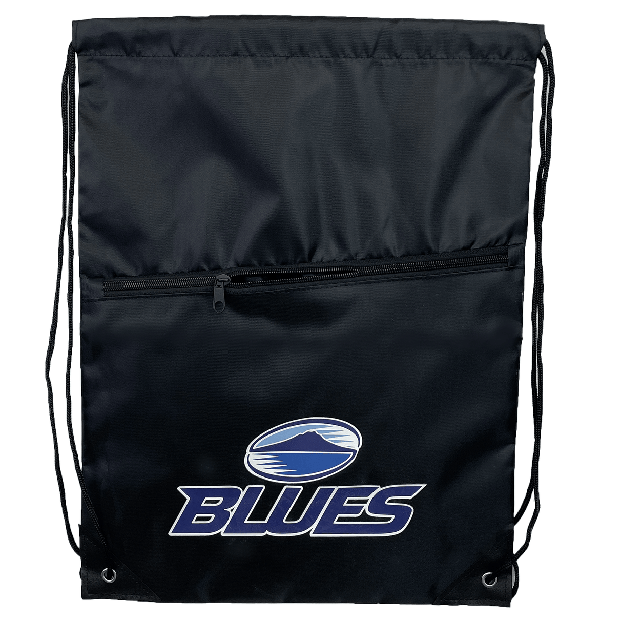 A Blues Super Rugby Drawstring Bag by DryWorld in black, featuring a zippered pocket on the front and the "BLUES" Super Rugby logo with a mountain design above it.