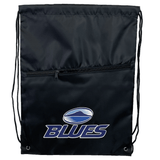 A Blues Super Rugby Drawstring Bag by DryWorld in black, featuring a zippered pocket on the front and the "BLUES" Super Rugby logo with a mountain design above it.