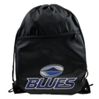 The Blues Super Rugby Drawstring Bag by DryWorld is a stylish and functional black drawstring backpack featuring a front zipper pocket and the word "BLUES" in blue and white beneath a mountain-like logo. Perfect for Blues Super Rugby fans.