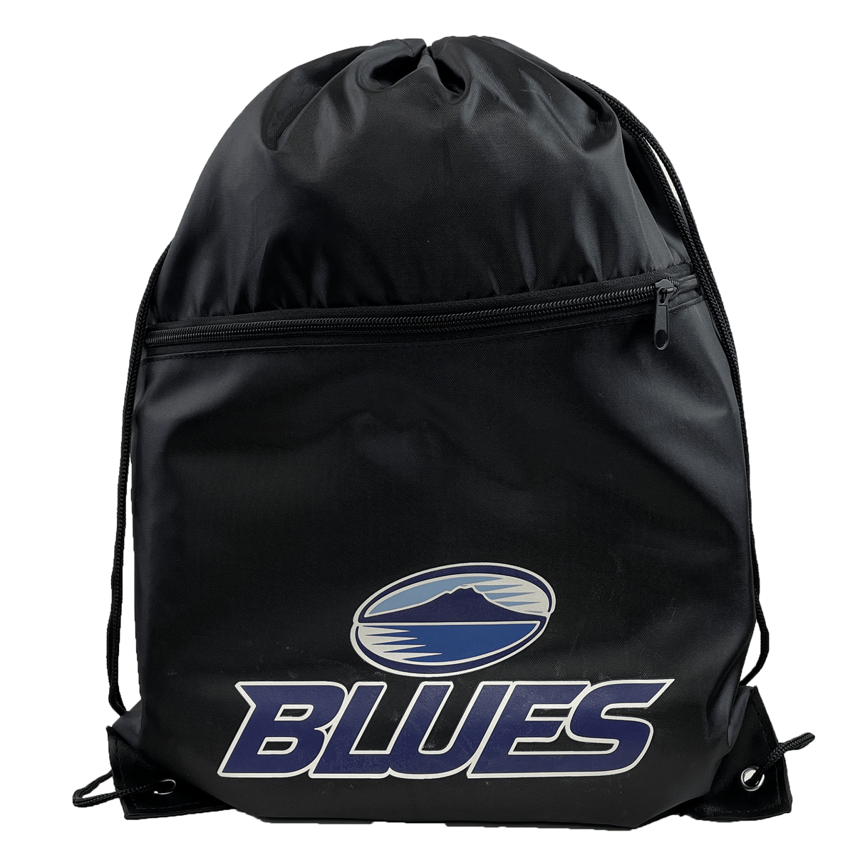 The Blues Super Rugby Drawstring Bag by DryWorld is a stylish and functional black drawstring backpack featuring a front zipper pocket and the word "BLUES" in blue and white beneath a mountain-like logo. Perfect for Blues Super Rugby fans.