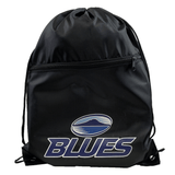 The Blues Super Rugby Drawstring Bag by DryWorld is a stylish and functional black drawstring backpack featuring a front zipper pocket and the word "BLUES" in blue and white beneath a mountain-like logo. Perfect for Blues Super Rugby fans.