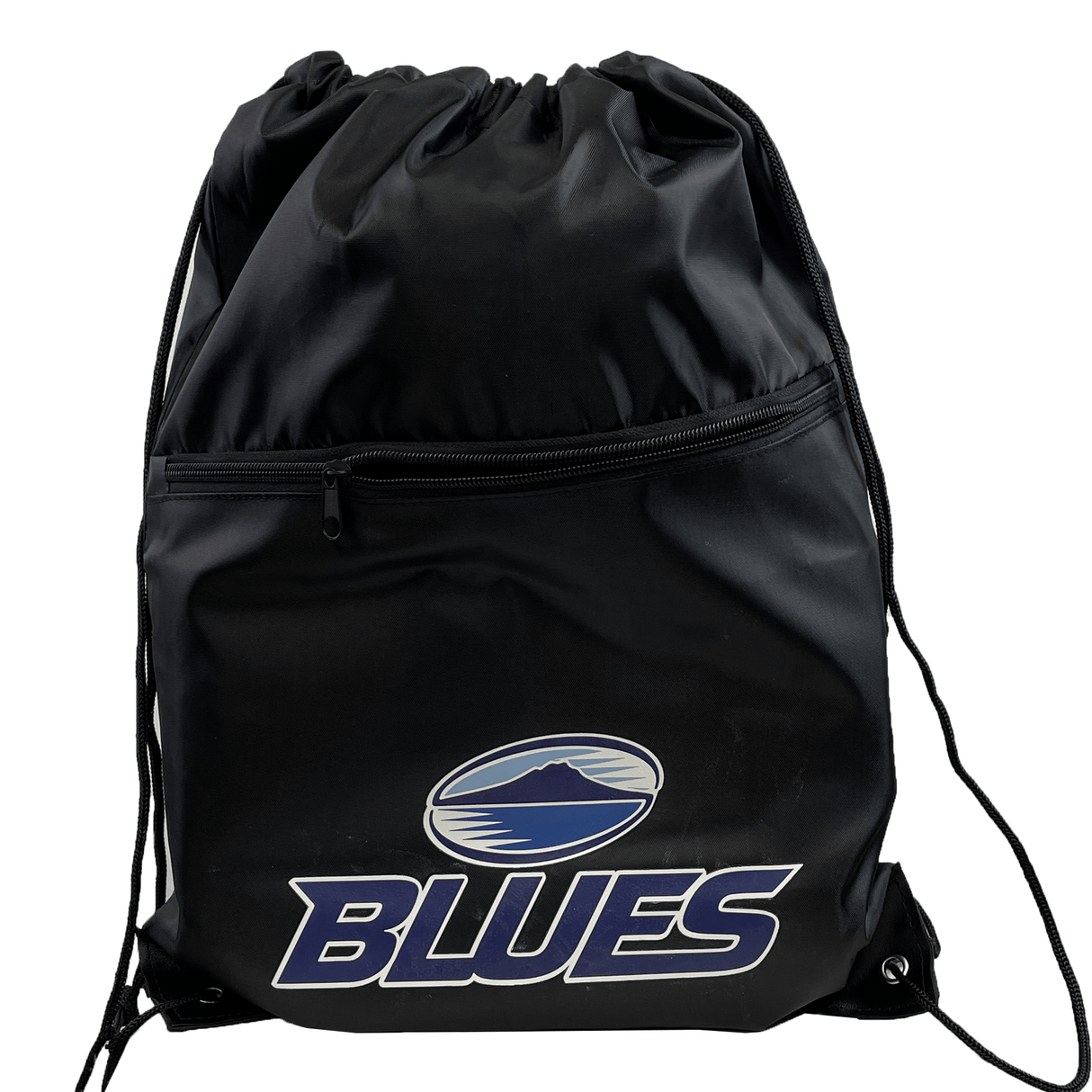 The Blues Super Rugby Drawstring Bag by DryWorld is black and includes a front zipper pocket. This bag is adorned with a "BLUES" logo beneath an emblem featuring a mountain or wave design, making it perfect for Blues Super Rugby fans.