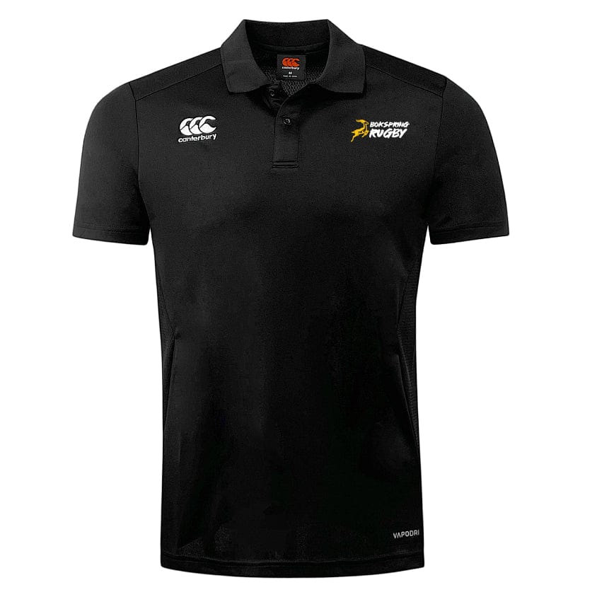 Faribault Boksprings Club Dry Polo by EMB Canterbury, a black rugby polo shirt featuring the Canterbury logo on the left chest and "Hurricanes Rugby" on the right, designed with Vapodri Technology for optimal breathability.