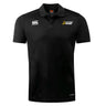 Faribault Boksprings Club Dry Polo by EMB Canterbury, a black rugby polo shirt featuring the Canterbury logo on the left chest and "Hurricanes Rugby" on the right, designed with Vapodri Technology for optimal breathability.