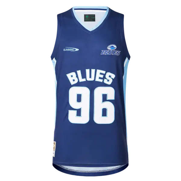 Classic Sportswear introduces the Blues Super Rugby 25/26 Supporters Basketball Singlet, a blue sleeveless jersey perfect for fans, featuring "BLUES" and the number 96 on the front.