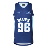 Classic Sportswear introduces the Blues Super Rugby 25/26 Supporters Basketball Singlet, a blue sleeveless jersey perfect for fans, featuring "BLUES" and the number 96 on the front.