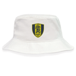 The Gotham Knights Crusher Bucket Cap by EMB S&S Activewear is a white cotton twill hat with a yellow and black lion shield emblem and "GKRFC NYC" on the front, combining classic style with sun protection.