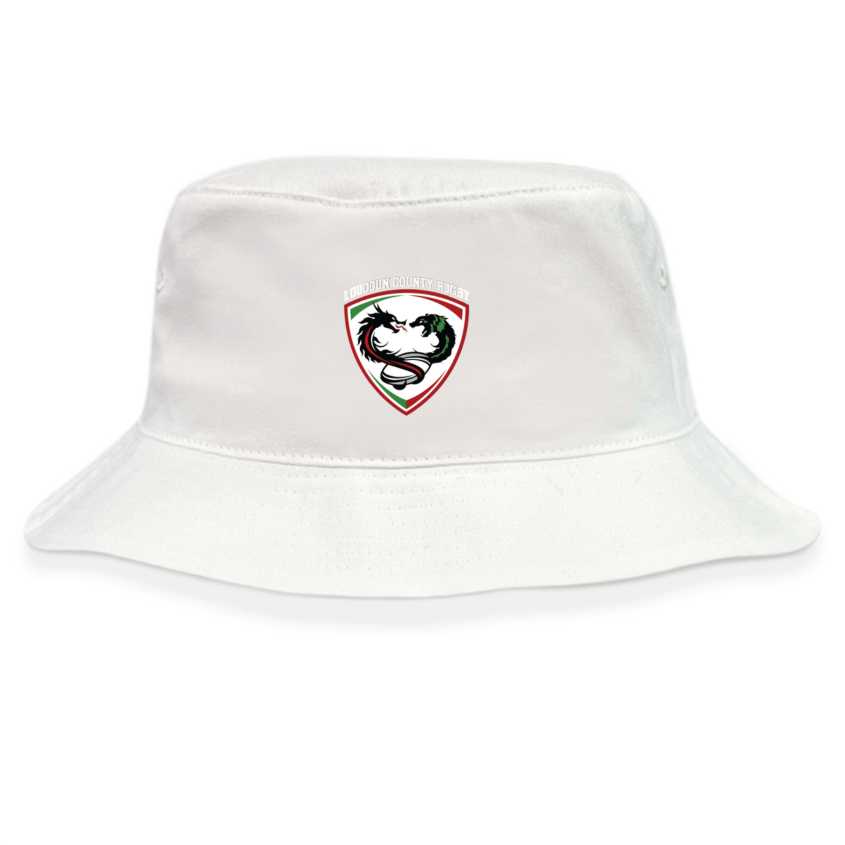 The Loudoun Crusher Bucket Cap by EMB S&S Activewear is a white cotton twill hat with a shield logo featuring a horse head, palm trees, and rugby ball—perfect for sun protection.