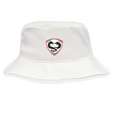 The Loudoun Crusher Bucket Cap by EMB S&S Activewear is a white cotton twill hat with a shield logo featuring a horse head, palm trees, and rugby ball—perfect for sun protection.