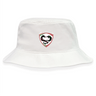 The Loudoun Crusher Bucket Cap by EMB S&S Activewear is a white cotton twill hat with a shield logo featuring a horse head, palm trees, and rugby ball—perfect for sun protection.