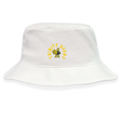 The Trinity College Crusher Bucket Cap by EMB S&S Activewear is a white cotton twill hat featuring a small yellow "Trinity Rugby" logo and rugby player graphic on the front, combining sporty style with sun protection.