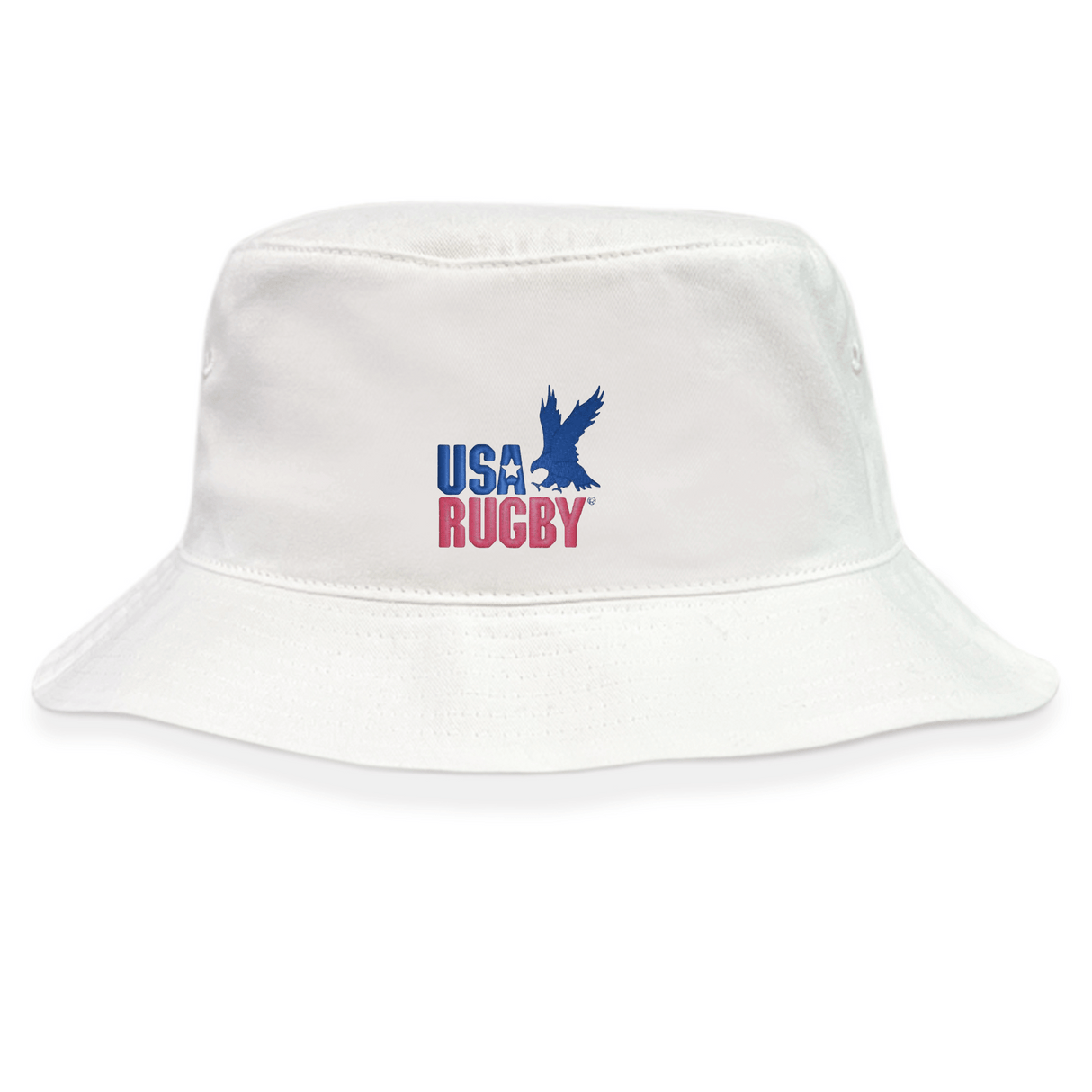 Stay stylish with the EMB S&S Activewear USA Rugby Throwback Crusher Bucket Hat, made from cotton twill for comfort and sun protection. Features a blue eagle graphic and bold blue and red "USA RUGBY" text on the front.