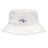 The Mudsock Rugby Crusher Bucket Cap by EMB S&S Activewear is a white cotton twill hat with a circular "MUDSOCK YOUTH RUGBY" logo, a stylized rugby ball, and red and blue stripes—ideal stylish sun protection for fans.