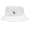 The Mudsock Rugby Crusher Bucket Cap by EMB S&S Activewear is a white cotton twill hat with a circular "MUDSOCK YOUTH RUGBY" logo, a stylized rugby ball, and red and blue stripes—ideal stylish sun protection for fans.