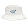 The Gulf Coast Fat Alberts Crusher Bucket Cap by EMB S&S Activewear is a white cotton twill hat featuring "Fat Alberts Rugby" and a blue rugby ball on the front, combining classic style with sun protection.