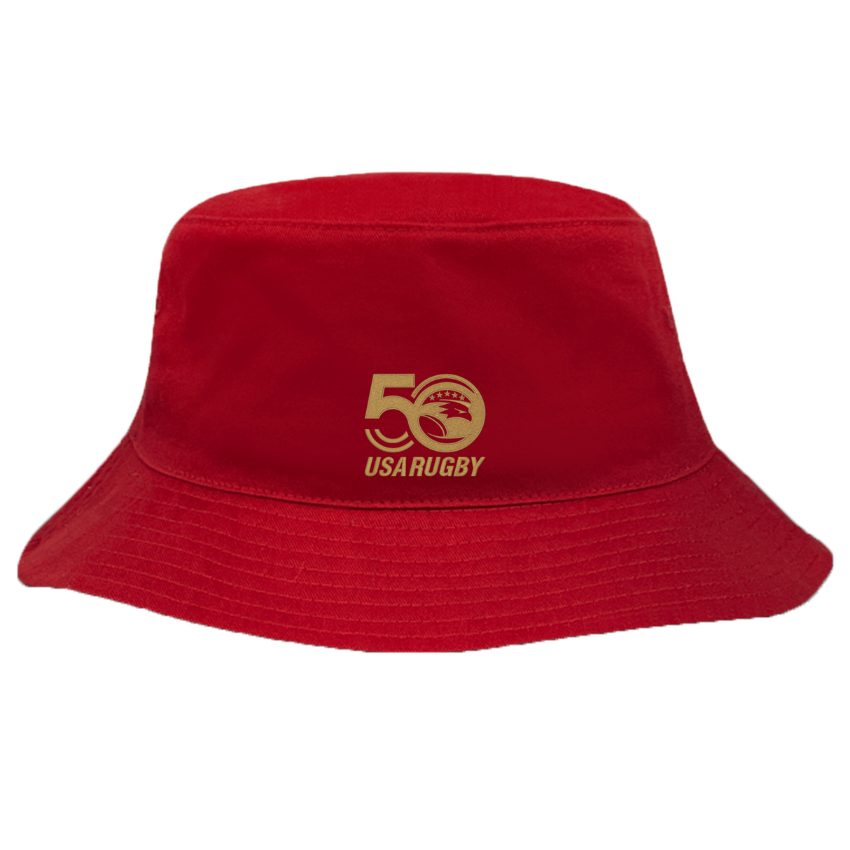 Embrace USA Rugby's 50th Anniversary with the EMB Alpha Broder red Crusher Bucket Cap, featuring a gold "50" logo and "USA Rugby" text.