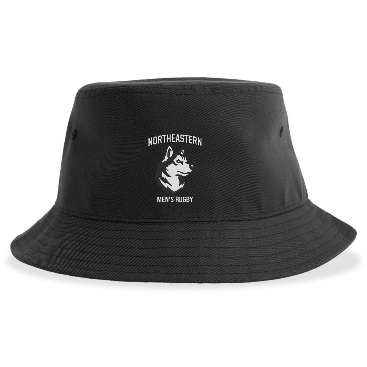 The Northeastern University Men's Rugby Crusher Bucket Cap by EMB S&S Activewear is a black cotton twill hat featuring the team's husky head logo on the front.