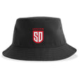 The San Diego Legion Rugby Academy Crusher Bucket Cap by EMB S&S Activewear is a black cotton twill hat with a red and white "SD Legion" logo on the front, combining style and sun protection.