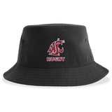 The Washington State University Crusher Bucket Cap by EMB S&S Activewear is a black cotton twill hat featuring a maroon and white cougar logo above "RUGBY" on the front, combining style with sun protection.