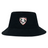 The Loudoun Crusher Bucket Cap by EMB S&S Activewear is a black cotton twill hat with a stylized horse head Loudoun County Rugby logo on the front, combining style and sun protection.