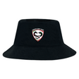The Loudoun Crusher Bucket Cap by EMB S&S Activewear is a black cotton twill hat with a stylized horse head Loudoun County Rugby logo on the front, combining style and sun protection.
