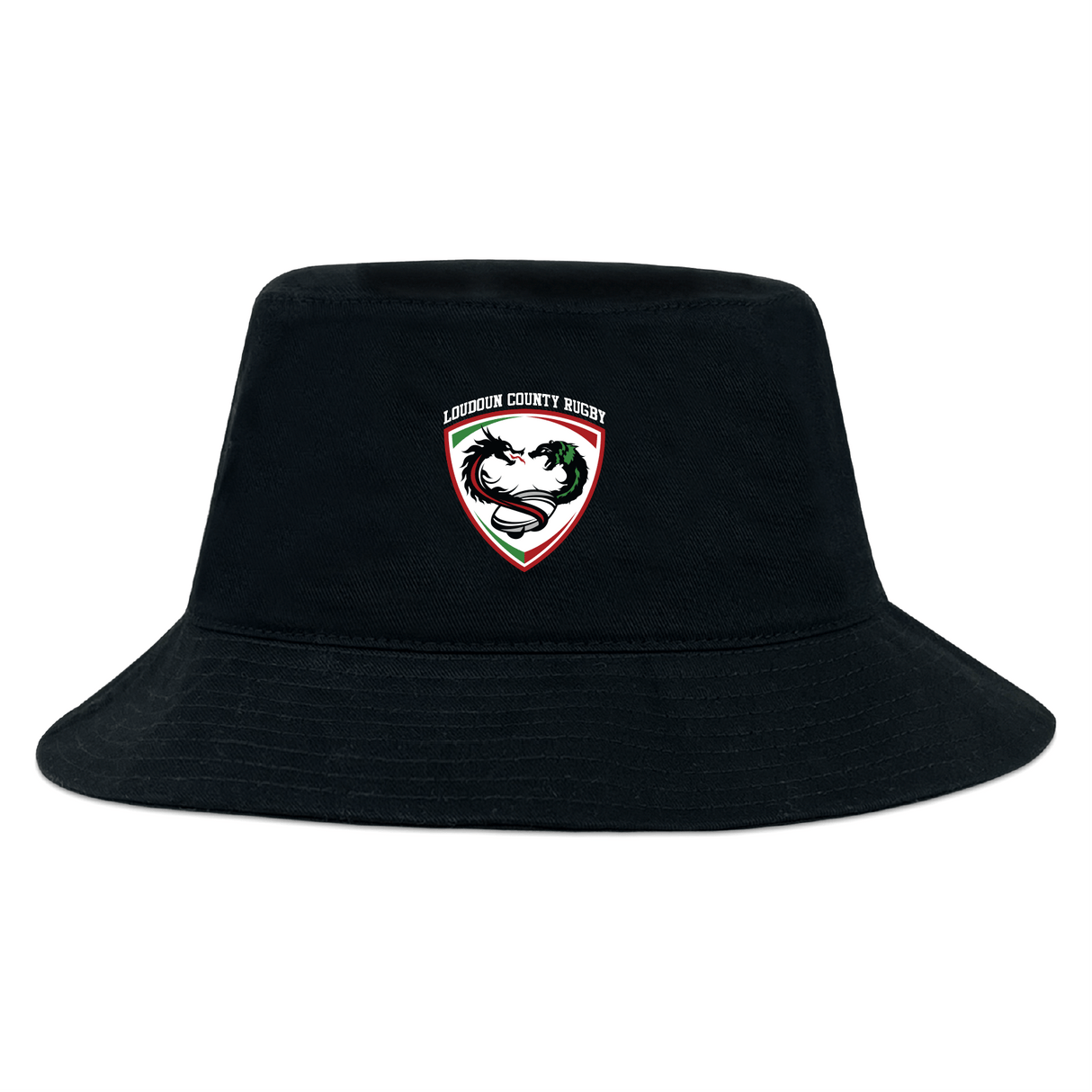 The Loudoun Crusher Bucket Cap by EMB S&S Activewear is a black cotton twill hat with a stylized horse head Loudoun County Rugby logo on the front, combining style and sun protection.