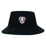 The Loudoun Crusher Bucket Cap by EMB S&S Activewear is a black cotton twill hat with a stylized horse head Loudoun County Rugby logo on the front, combining style and sun protection.