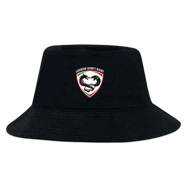 The Loudoun Crusher Bucket Cap by EMB S&S Activewear is a black cotton twill hat with a stylized horse head Loudoun County Rugby logo on the front, combining style and sun protection.