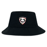 The Loudoun Crusher Bucket Cap by EMB S&S Activewear is a black cotton twill hat with a stylized horse head Loudoun County Rugby logo on the front, combining style and sun protection.