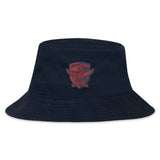 The EMB S&S Activewear Charlotte Cardinals Rugby Club Crusher Bucket Cap features a navy cotton twill build and a red embroidered cardinal and shield logo on the front, delivering classic style and sun protection.
