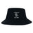 The EMB S&S Activewear Amoskeag Rugby Club Crusher Bucket Cap is a black cotton twill hat with white "AMOSKEAG," an illustrated ram’s head, and "Est. 1984" embroidery—stylish sun protection for any occasion.