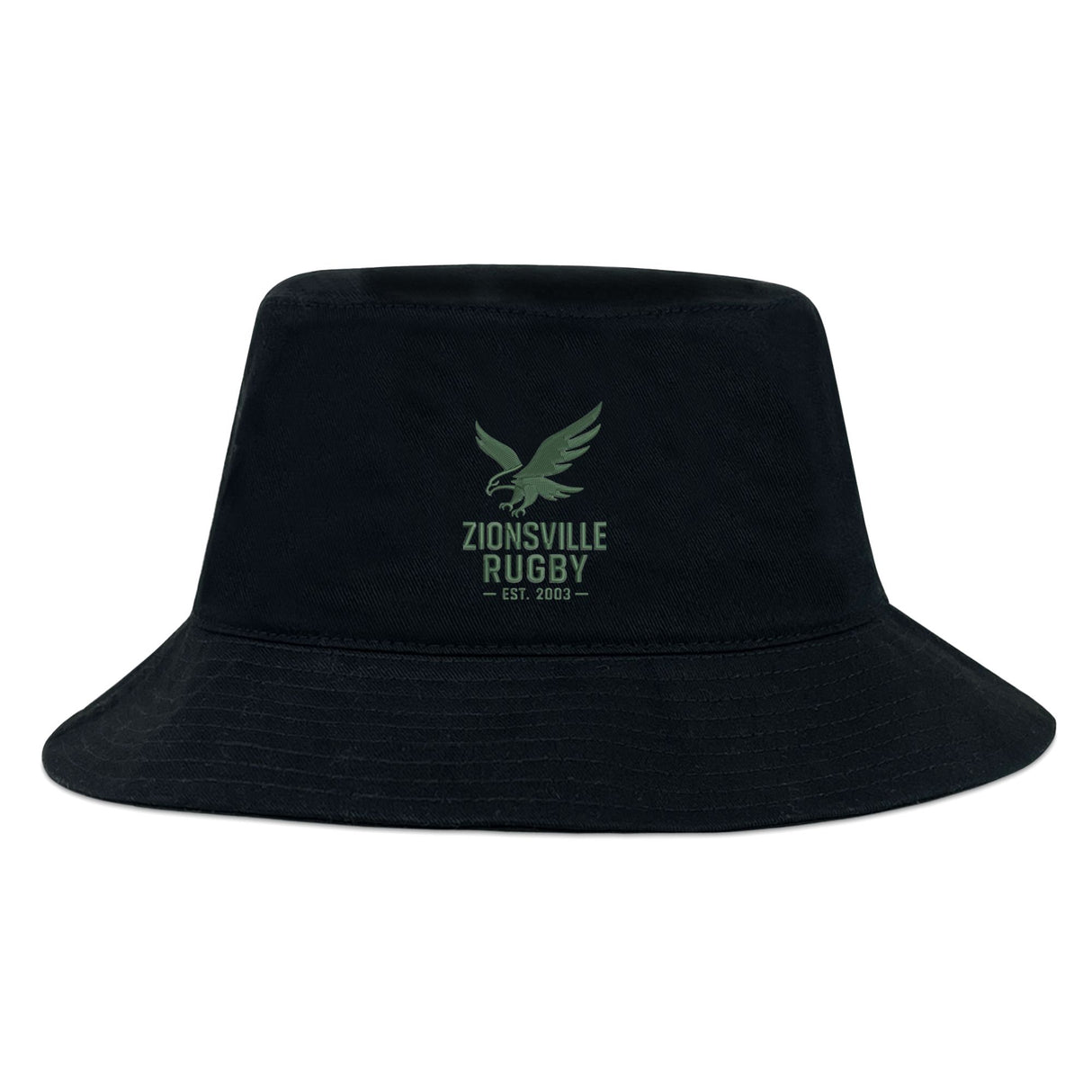 The Zionsville Rugby Club Crusher Bucket Cap by EMB S&S Activewear features a green eagle logo and "Zionsville Rugby Est. 2003" on black cotton twill—ideal sun protection for any rugby fan.