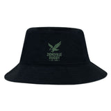 The Zionsville Rugby Club Crusher Bucket Cap by EMB S&S Activewear features a green eagle logo and "Zionsville Rugby Est. 2003" on black cotton twill—ideal sun protection for any rugby fan.