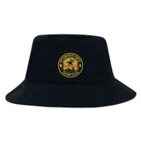 The Pittsburgh Forge Crusher Bucket Cap by EMB S&S Activewear features the rugby club logo in gold, white, and black on black cotton twill. Classic style and sun protection make it perfect for any outdoor day.