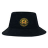 The Pittsburgh Forge Crusher Bucket Cap by EMB S&S Activewear features the rugby club logo in gold, white, and black on black cotton twill. Classic style and sun protection make it perfect for any outdoor day.