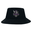 The EMB S&S Activewear Cypress Warriors Men's Rugby Crusher Bucket Cap features the 2024 team logo in purple, white, and gray on black cotton twill, combining style with sun protection.