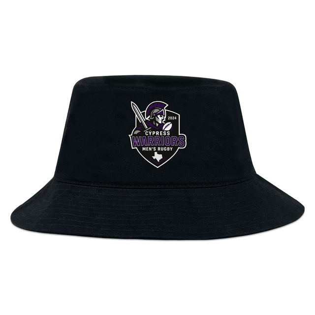 The EMB S&S Activewear Cypress Warriors Men's Rugby Crusher Bucket Cap features the 2024 team logo in purple, white, and gray on black cotton twill, combining style with sun protection.