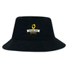 The Chicago Riot Crusher Bucket Cap by EMB S&S Activewear is a black cotton twill hat with the "Chicago Riot Rugby Football Club" logo in gold, white, and black. This stylish cap is perfect for sun protection at any outdoor event.