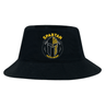 The EMB S&S Activewear Spartan Youth Rugby Crusher Bucket Cap is a black cotton twill hat with a helmet logo and yellow text on the front, offering comfort and sun protection for fans.