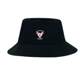 The Superior Rugby Club Crusher Bucket Cap by EMB S&S Activewear is a black cotton twill hat featuring an embroidered red and white "Superior Rugby" logo on the front, combining sun protection with sporty style.