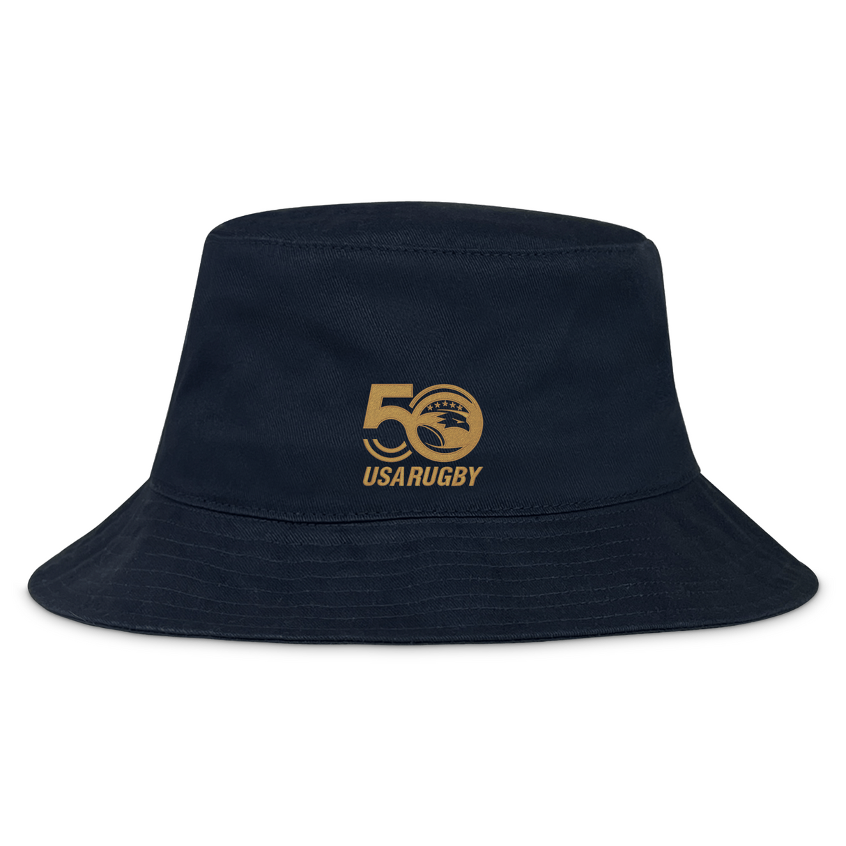 The EMB Alpha Broder Crusher Bucket Cap in navy blue features a gold "50 USA Rugby" logo with a bald eagle, celebrating the 50th Anniversary of rugby.