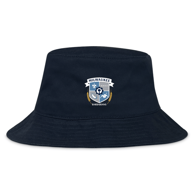 The Milwaukee Barbarians Rugby Crusher Bucket Cap by EMB S&S Activewear is a navy cotton twill hat with the club logo embroidered on the front, combining stylish sun protection with team pride.