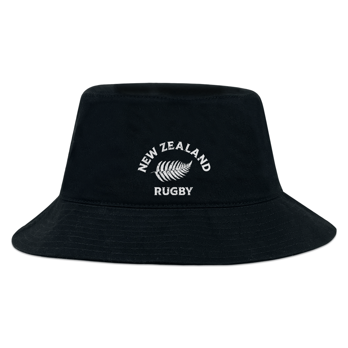 A black cotton twill Nations of Rugby New Zealand Rugby Crusher Bucket Hat with an embroidered EMB Alpha Broder logo.