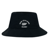 A black cotton twill Nations of Rugby New Zealand Rugby Crusher Bucket Hat with an embroidered EMB Alpha Broder logo.