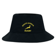 The Nations of Rugby South Africa Rugby Crusher Bucket Hat by EMB S&S Activewear features black cotton twill with "South Africa Rugby" and a yellow embroidered springbok logo on the front.