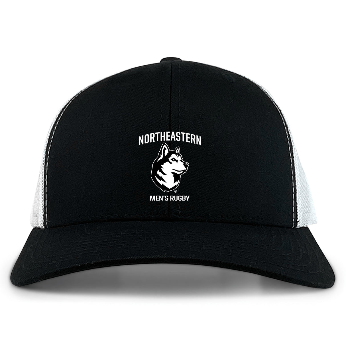 The EMB S&S Activewear Northeastern University Men's Rugby Retro Trucker Cap features a black and white design, embroidered logo with husky dog on front, and an adjustable snapback closure.