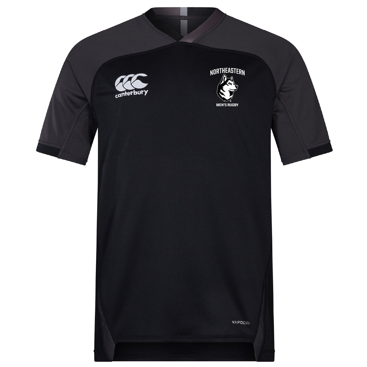 The Northeastern University Men's Rugby Vapodri Evader Jersey by EMB Canterbury features short sleeves, a crew neck, gray shoulder panels, moisture-wicking fabric, a white Canterbury logo on the right chest, and the Northeastern Men's Rugby logo on the left.