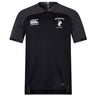 The Northeastern University Men's Rugby Vapodri Evader Jersey by EMB Canterbury features short sleeves, a crew neck, gray shoulder panels, moisture-wicking fabric, a white Canterbury logo on the right chest, and the Northeastern Men's Rugby logo on the left.