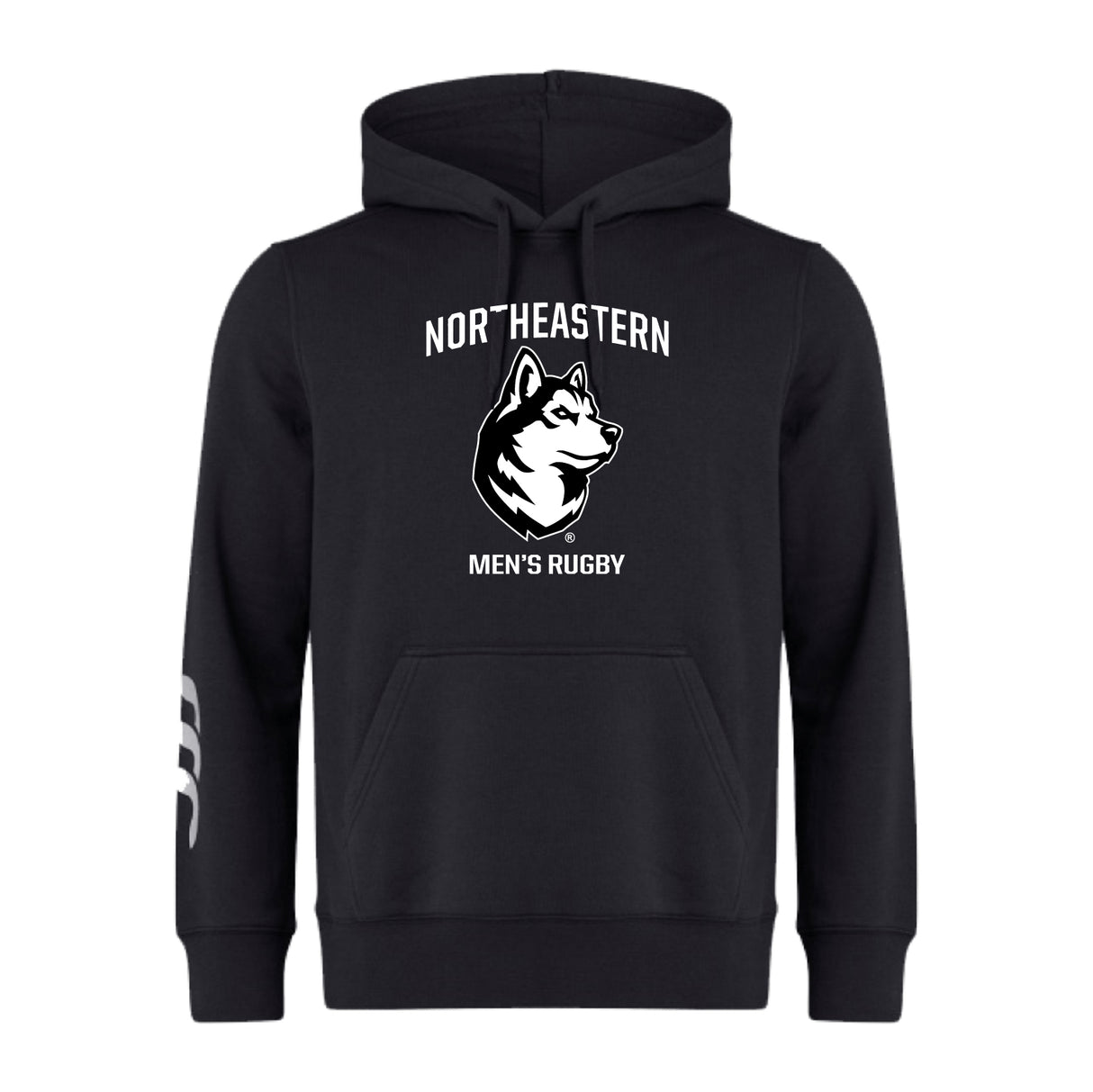 The Northeastern University Men's Rugby Club Hoodie by WRS Canterbury features a white "NORTHEASTERN MEN'S RUGBY" text and husky logo on the front, plus a white sleeve design—ideal for club members and fans.
